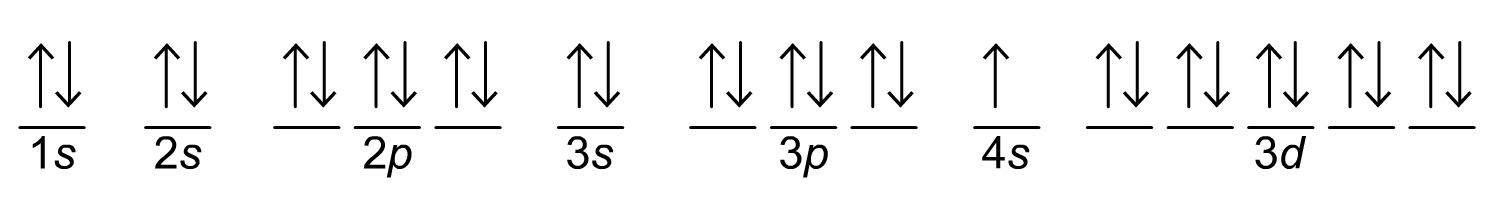 The electron configuration is 1 s 2 2 s 2 2 p 6 3 s 2 3 p 6 4 s 1 3 d 10.