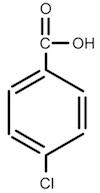 A six membered hydrocarbon ring with three double bonds. The group C O O H is attached to ring carbon one, and a chlorine atom is attached to ring carbon four.