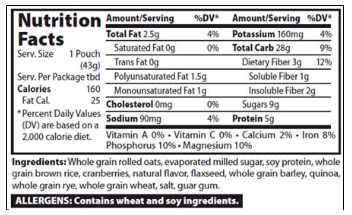 A nutrition facts label for oatmeal has 160 Calories and 2.5 grams of fat, 28 grams of total carbs, and 5 grams of protein.