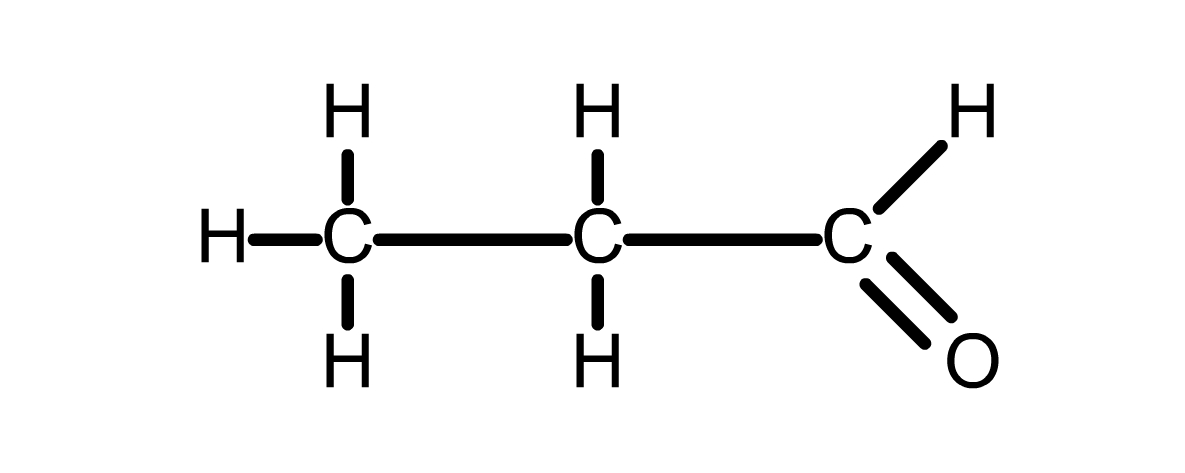 A three carbon chain. An outer carbon is double bonded to an O atom and single bonded to an H atom.