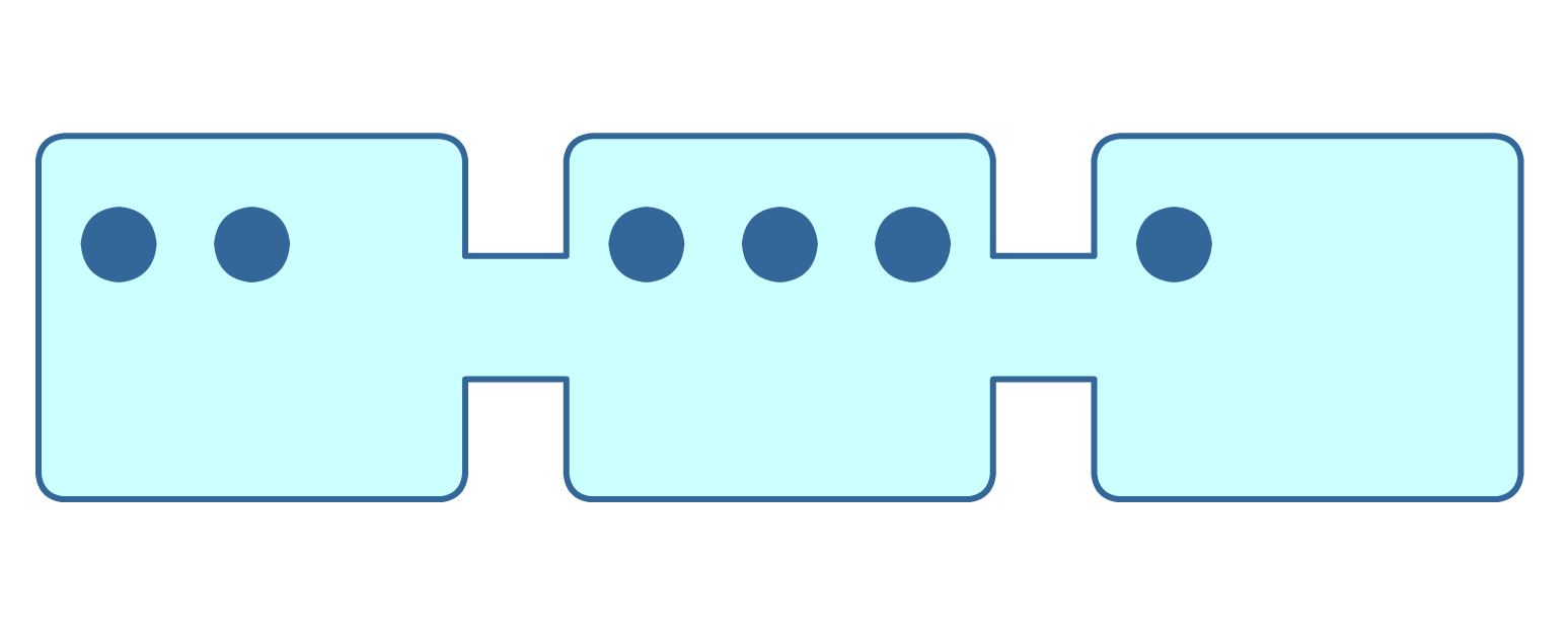There is one particle in one container, two particles in the second container, and three particles in the third container.