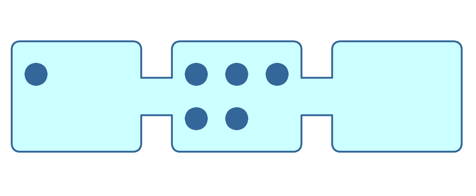 There is one particle in one container and the remaining five particles in another container. The third container contains no particles.