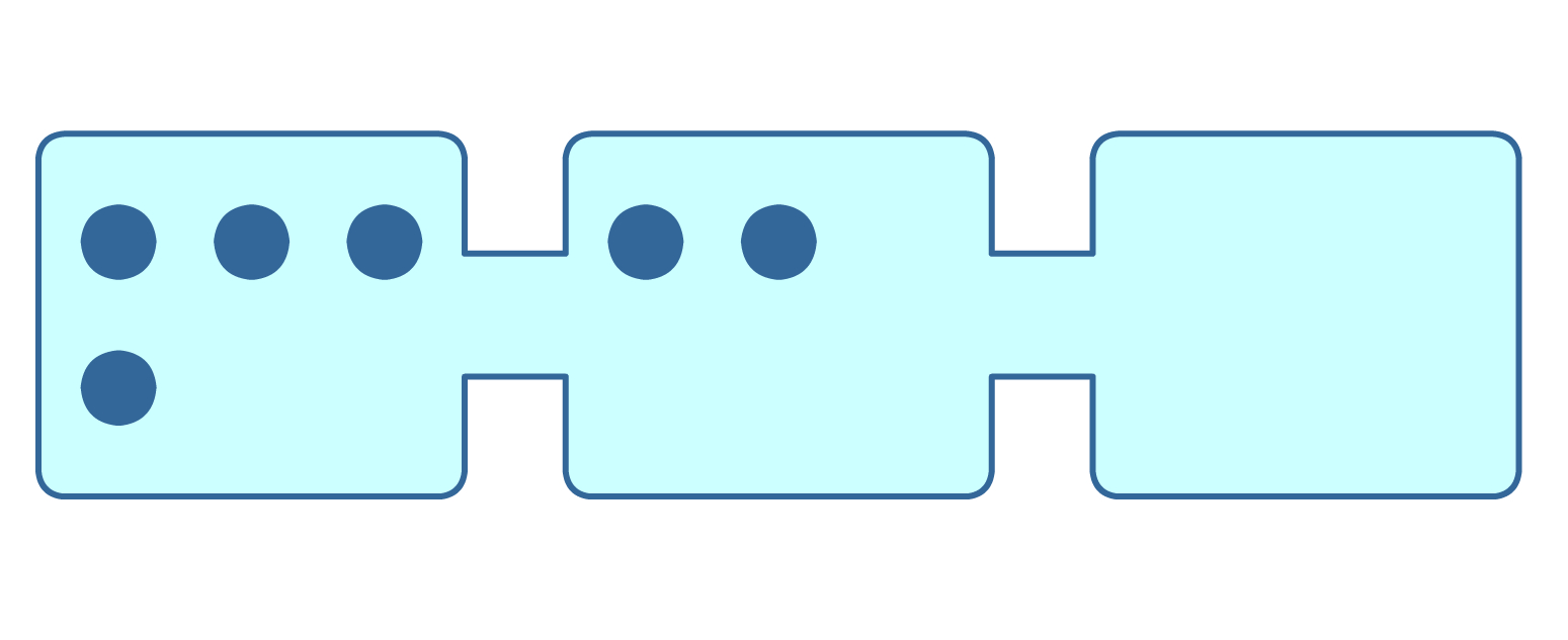 4 particles are in one container and two particles are in a second container. There are no particles in the third container.