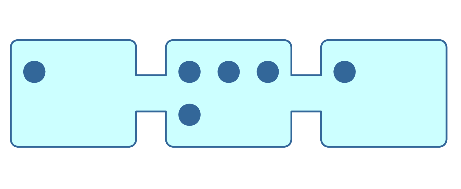 There are four particles in one container and one particle each in the other two containers.