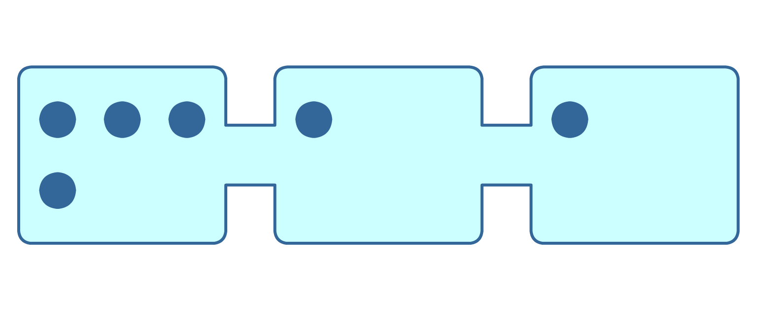 There are four particles in one container and one each in the other two containers.
