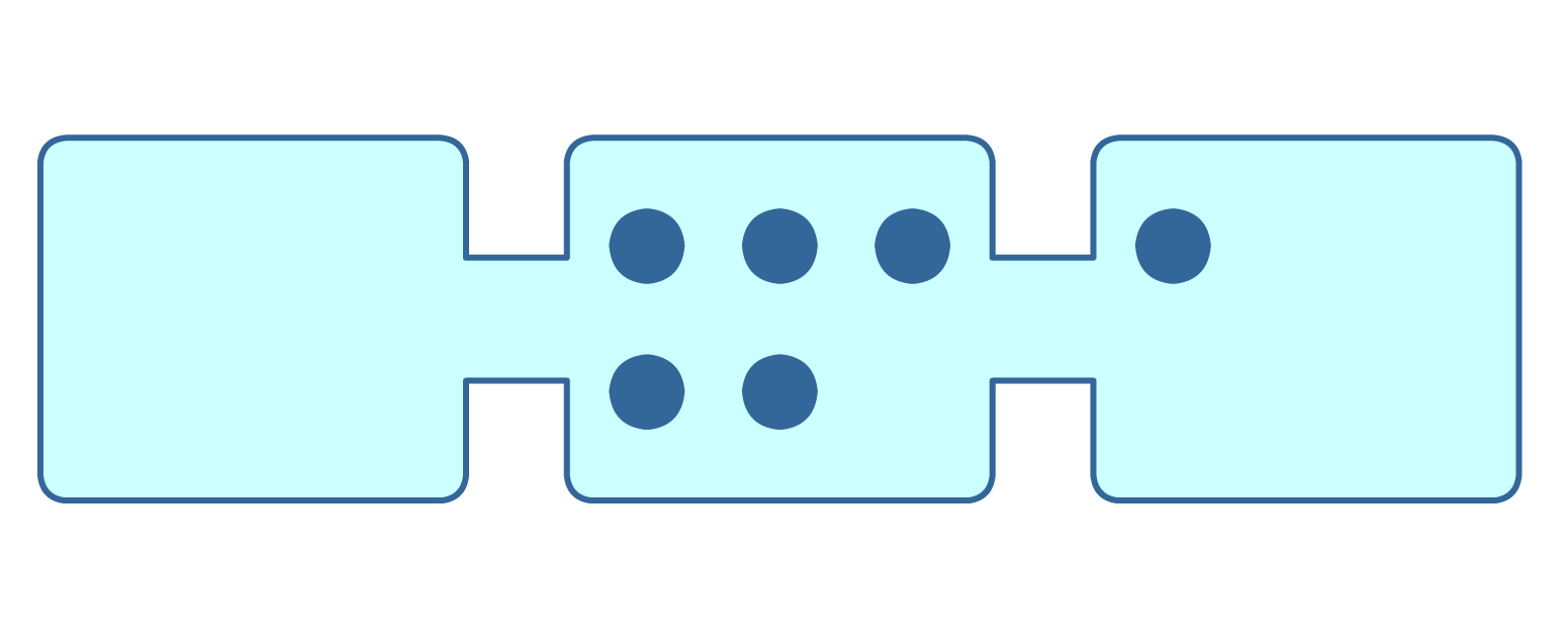 There is one particle in one container and the remaining five particles in a second container. There are no particles in the third container.