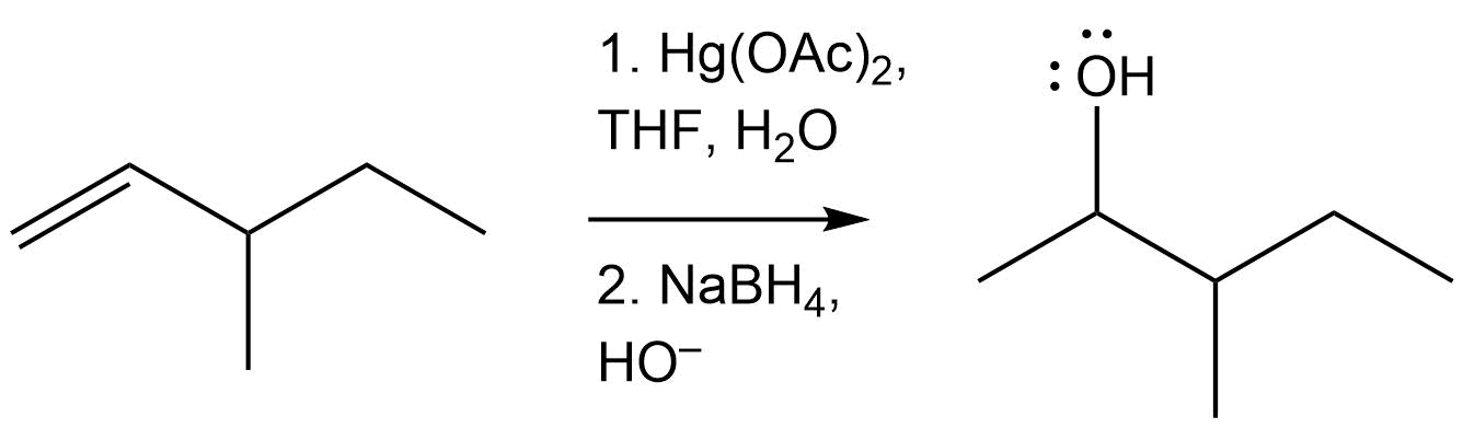 The starting material is a 5 carbon chain where there is a double bond between carbons 1 and 2 and a methyl substituent on carbon 3. The first step reacts with Mercury diacetate in T H F and water. The second step reacts with sodium borohydride and hydroxide. The product is a 5 carbon chain where carbon 2 has a hydroxy group and carbon 3 has a methyl group. 