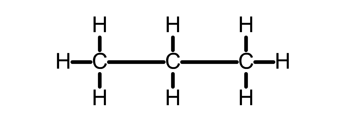 A three carbon chain. All carbons are bonded to H atoms.