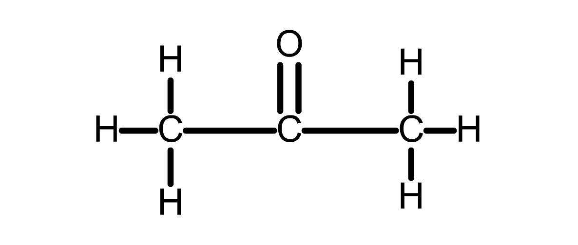 A three carbon chain. The middle carbon is double bonded to an O atom.