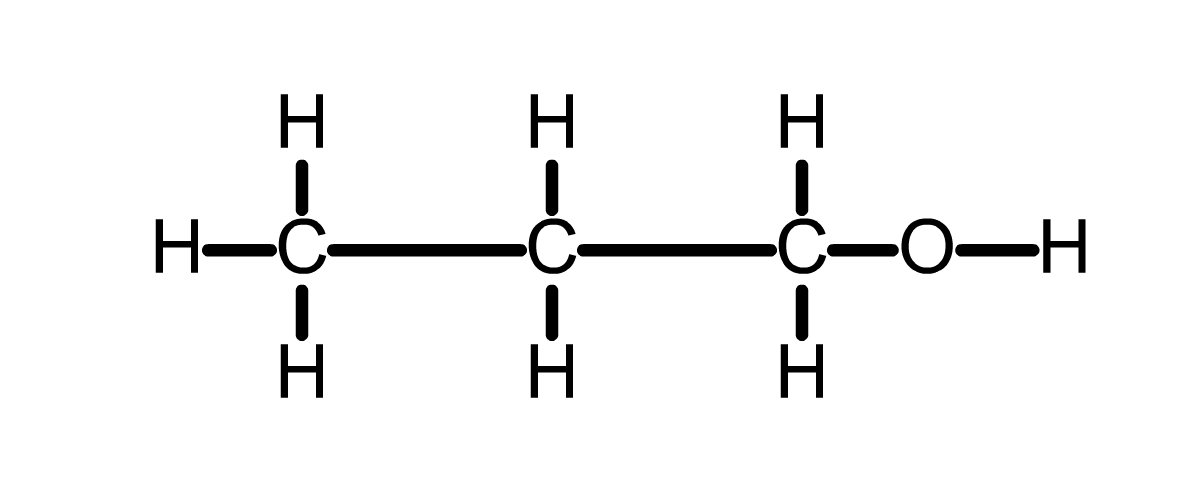 A three carbon chain. One outer carbon is bonded to an O H group.