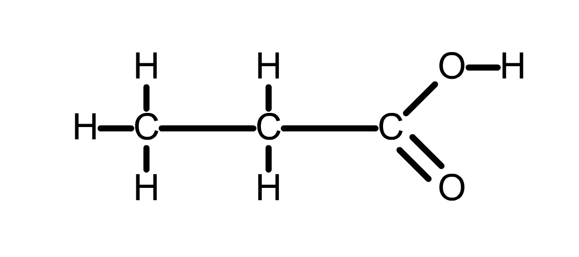 A three carbon chain. One outer carbon is double bonded to an O atom and single bonded to an O H group.
